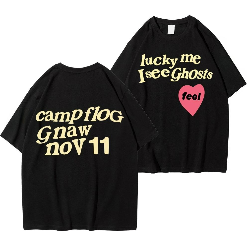 

Kanye West Style Street T-Shirts for Men Loose Oversized Short Sleeves Lucky Me I See Ghosts Print Tshirt Hip Hop Clothing Women S