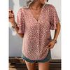 Women Leopard Print V Neck Short Sleeve Mid Length Casual Shirt