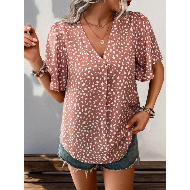Women Leopard Print V Neck Short Sleeve Mid Length Casual Shirt