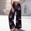 Women Summer Boho Palazzo Pants High Waist Wide Leg Halloween Printing Casual Trousers With Pockets