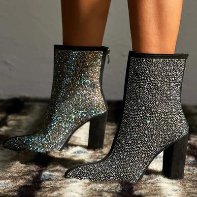 Fashion Sexy Luxury Banquet Pointed Women's Short Boots Thick Square High Heels Shiny Rhinestones Club Mid-calf Modern Boot Black