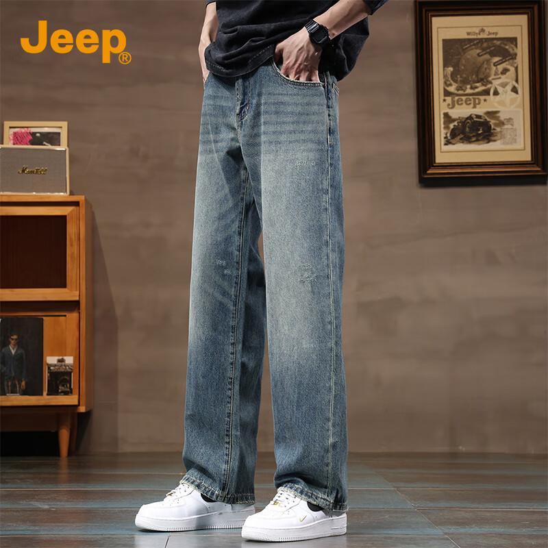 Jeep Men's American Retro Washed Loose Straight-Leg Jeans