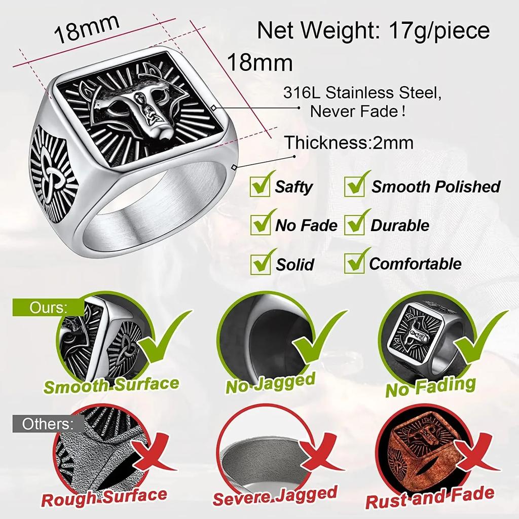 Big Signet Rings for Man Norse Viking Runes Valknut Wolf Head Triquetra Onyx Agate Size 7-14 Jewelry Gift for Him