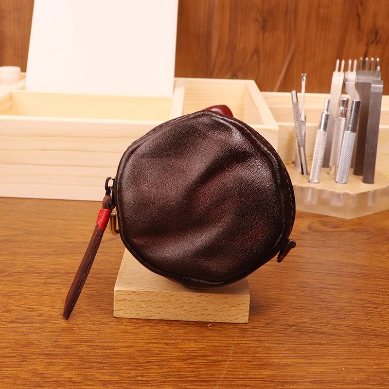 Vegetable Tanned Cowhide Coin Purse, Vintage Handmade Color Polishing, Vintage Round Personalized Coin Bag, Headphone Bag, Compact for Women