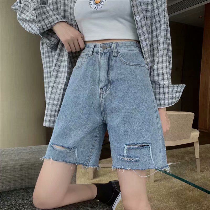 

Рваные джинсовые шорты, женские летние 2021, новые узкие брюки с высокой талией в гонконгском стиле, шикарные прямые свободные широкие брюки с пятью точками