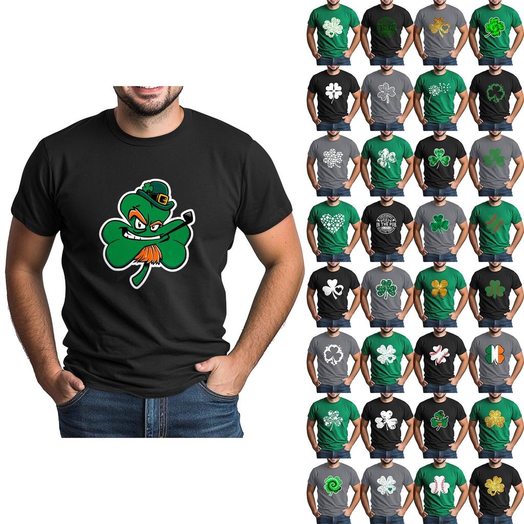 St. Patrick's Adult Green Crew-neck Short-sleeved Printed Green Three-leaf T-shirt