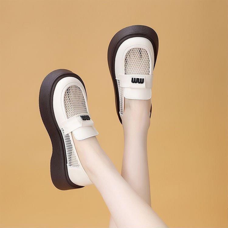 Thick-soled soft leather mesh loafers women's 2025 new hollow summer breathable British one-pedal mesh cool leather shoes