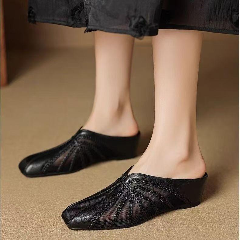 French Light Luxury Mesh Yarn Breathable Bag Head Half Slippers Women's 2025 New New Chinese Square Head Inner Height Increase Medium Heel Sandals