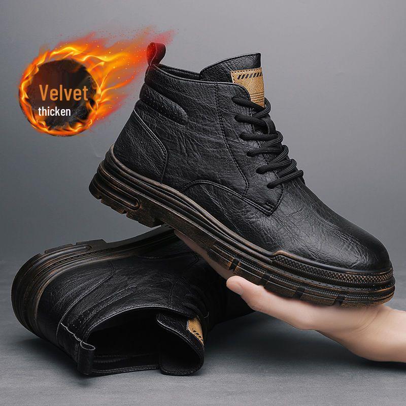 

Men s Winter British Retro Motorcycle High-Top Martin Boots - Leather, Fur, and Velvet Lined for Warmth 39