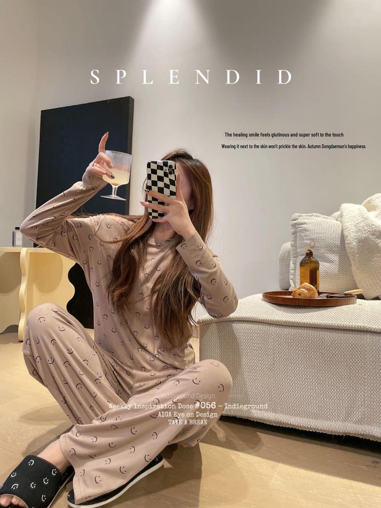 Women's Korean Smiley Face Cartoon Pajamas Set – Long-Sleeved Pullover & Trousers for Autumn/Winter