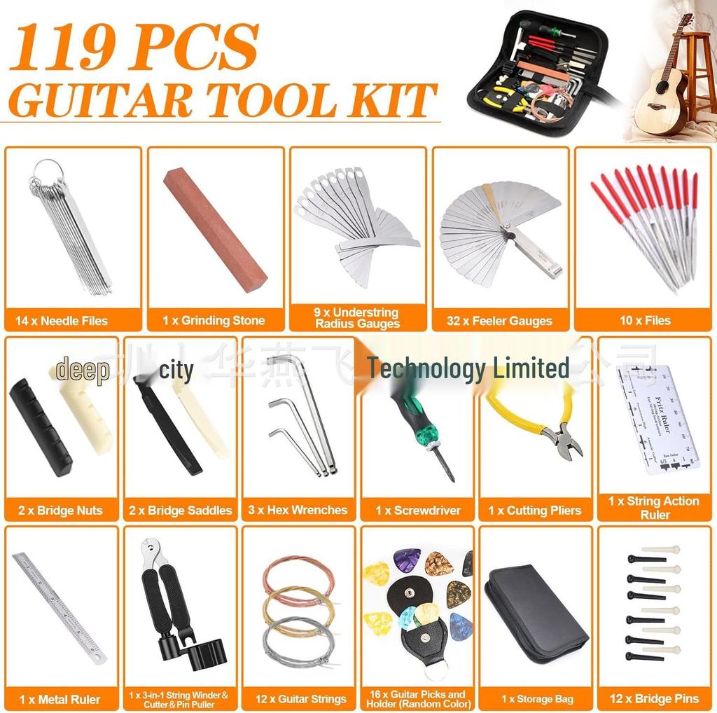 119-in-1 Guitar Tool Set: Strings, Screwdriver, T-Wrench, Pliers, File, Wrench, Gap Gauge & More.