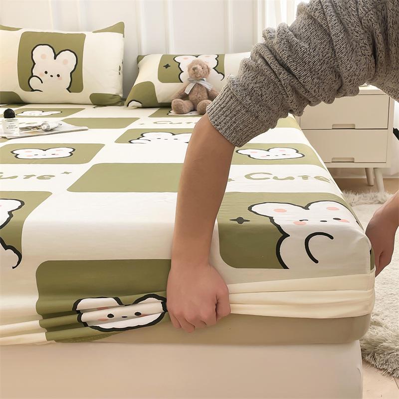 Pure Cotton Cartoon Print Fitted Sheet & Solid Color Mattress Protector Three-Piece Set