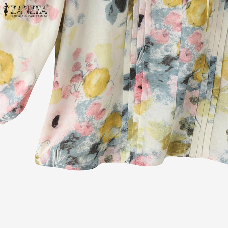 ZANZEA Women Casual Round Neck 3/4 Sleeve Loose Floral Print Blouse