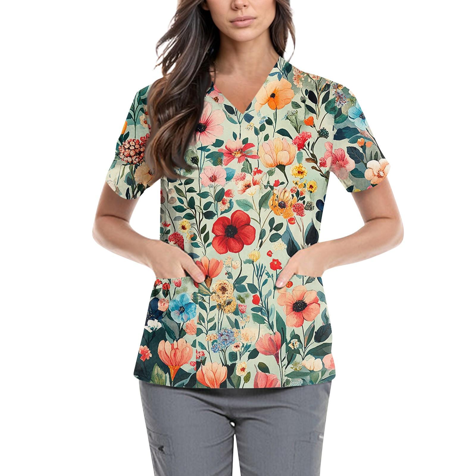 

Женская симпатичная принтованная рабочая одежда с V-образным вырезом, двухслойными карманами, базовым коротким рукавом, пуловером ко Дню святого Валентина L винный