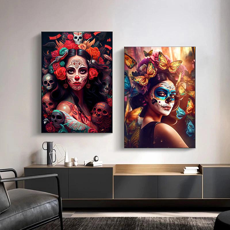 Festive and Mysterious Mexican Girl Day of Dead Gothic Sugar Skulls Canvas Painting Posters Prints Wall Art Picture Home Decor