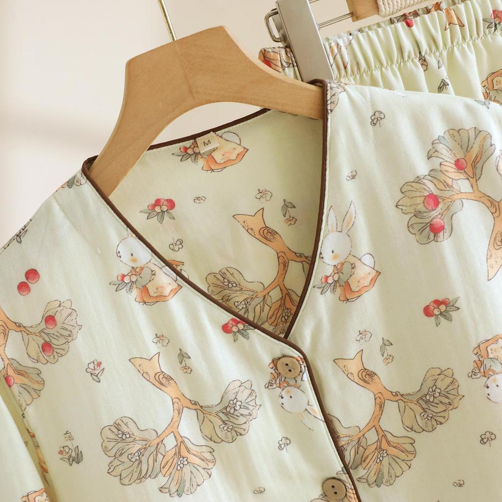 Women's Cotton Pajamas Set with Removable Chest Pads, Long-Sleeve and Pant, Casual Loose Fit for Autumn and Spring. Suitable for Home or Outdoor Wear.
