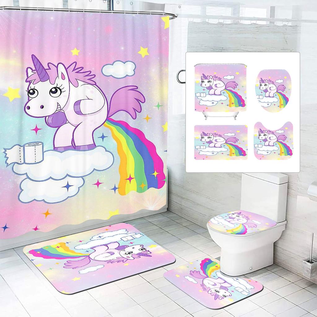 Unicorn Curtain Waterproof Bathroom Accessories 4 Piece Set Mats Home Curtains Decor Luxury Toilet Accessories