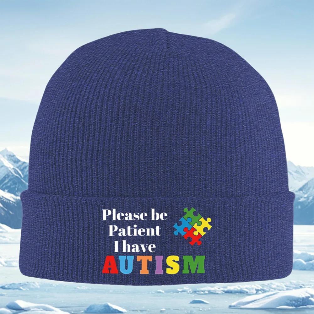 Puzzle Pieces Autism Awareness Sign Message Knitted Hat Unisex Women Unisex Beanie Pullover Cap Winter Thermal Warm Christmas Outdo