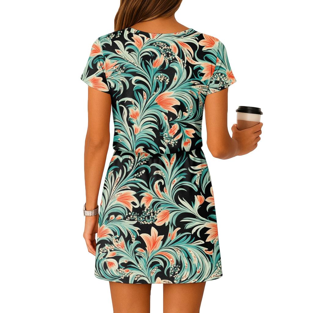 Women's Summer V-Neck Short Sleeved Drawstring With Pocket Floral Print Casual Dress