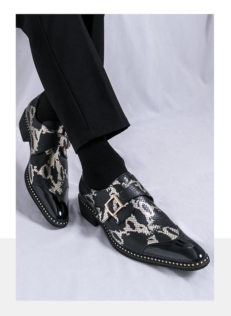 Cross-Border Plus Size Snake Print Leather Monk Strap Men's Shiny Pointed Toe Wedding Party Shoes