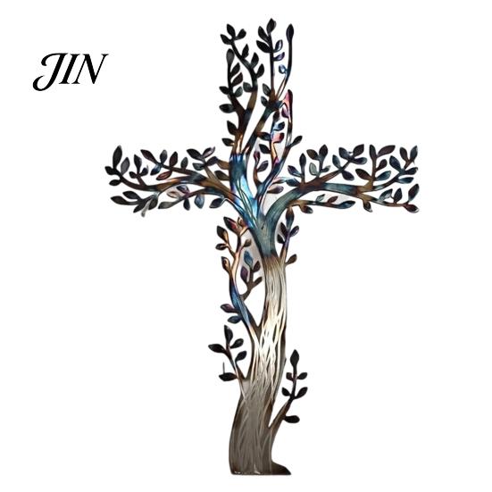 Layered Tree Wall Sculpture Metal Cross Art, of Life Hanging Crosses Decor, Art for Garden Living Room Bedroom Retro Style