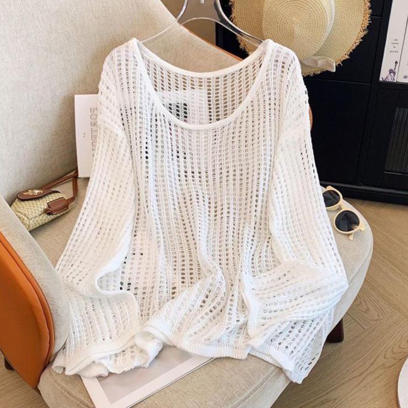 Hollow Knitted Women's Summer Lazy Loose Sun Protection Blouse Round Neck Design Long Sleeve Versatile Tops