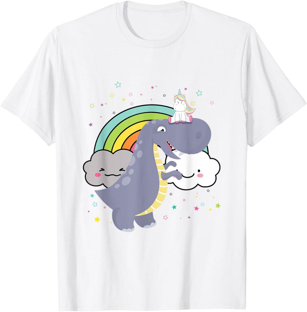 Dinosaurier reitet Einhorn Regenbogenwolken Grafik T-Shirt Lässiges Kurzarm Baumwoll-T-Shirt