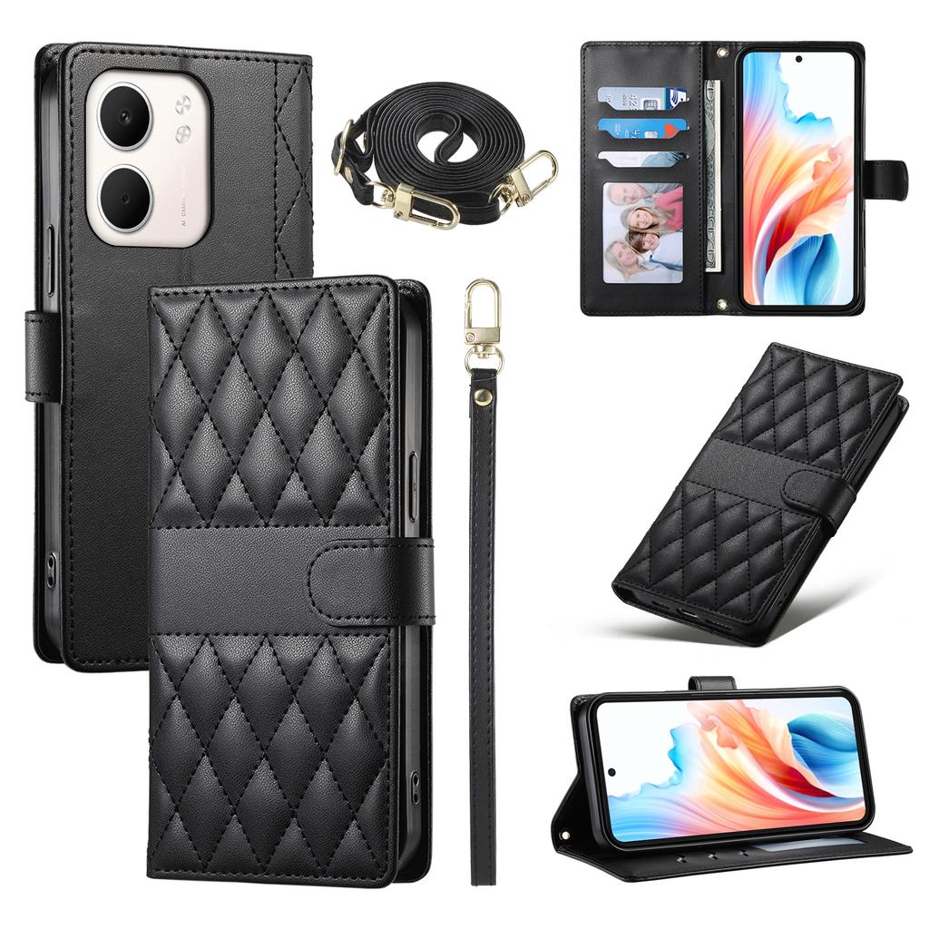 For Oppo A5x 5G/4G Case Rhombus Stitching Wallet Stand Leather Phone Cover with Long/Short Strap