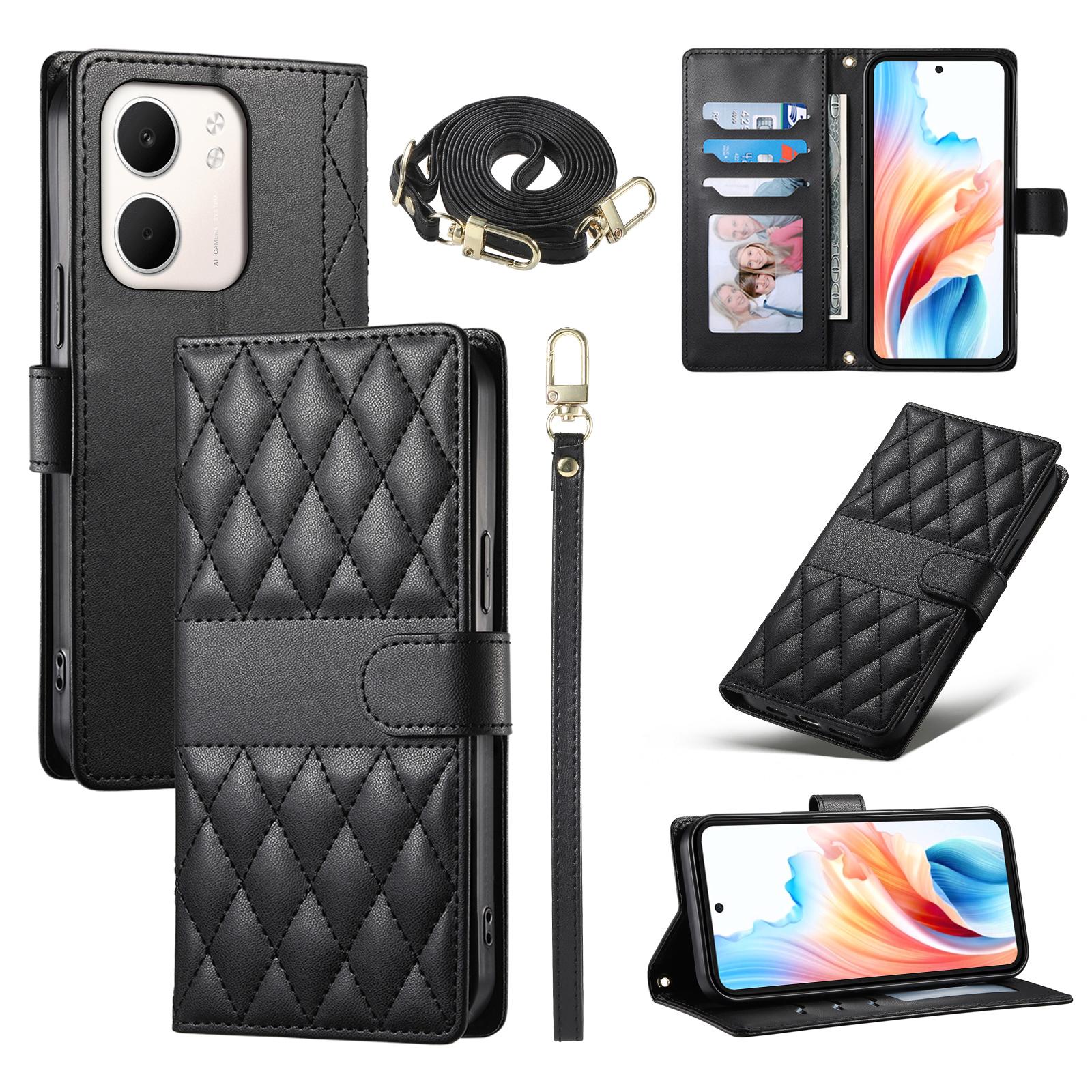 

For Oppo A5x 5G/4G Case Rhombus Stitching Wallet Stand Leather Phone Cover with Long/Short Strap Black