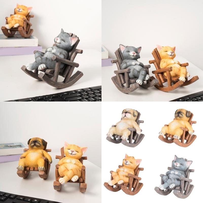 Resins Rocking Chair Cats Dog Figurine Cartoon Animal Miniature Statue for Home Office Tabletop and Shelves Decoration