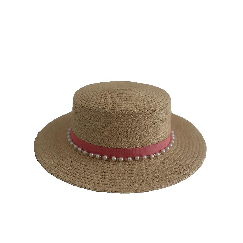 Vintage Pearl Flat Top Raffia Hat Women's Spring Summer Sun Protection Visor Hat Versatile Beach Hat Top Hat