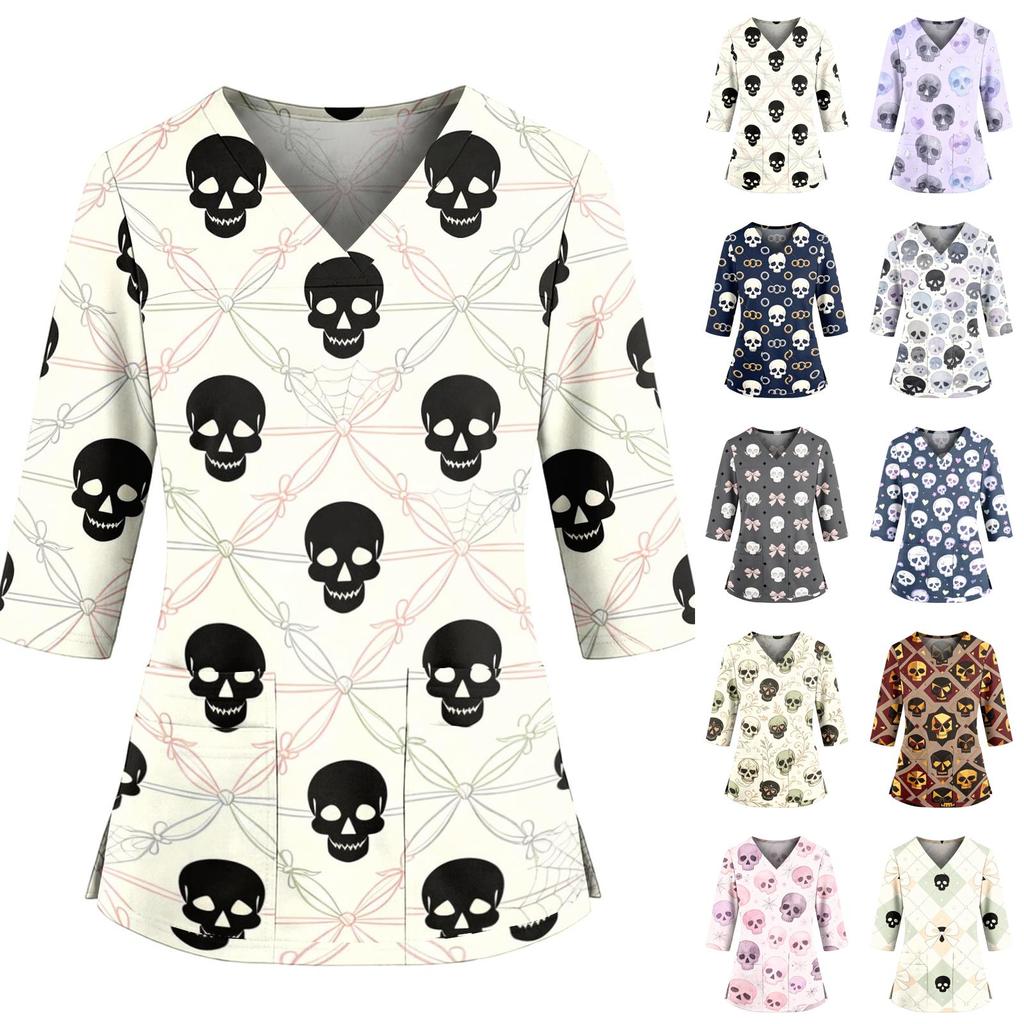 Women's Casual Uniform Top with Halloween Print, V-Neck, Three-Quarter Sleeves, Pockets, Side Slit