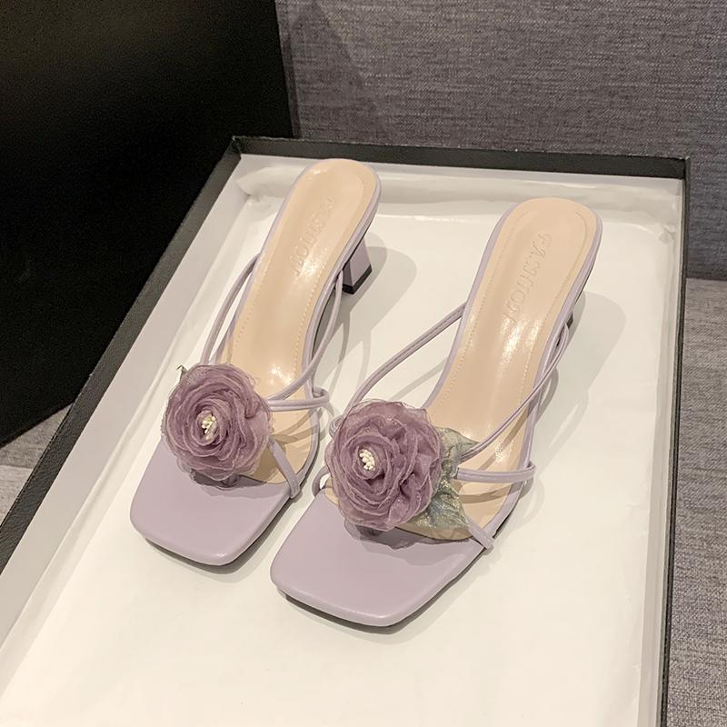 Slippers Women's Sandals Woman Summer 2024 Sweet Flowers Fashion Designer Slides Elegant Party Dress Medium Heel Footwear New In