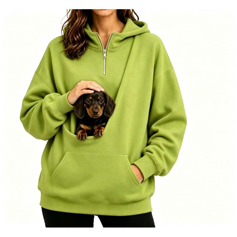 Womens Half-Zip Hooded Sweatshirt With Pet Pocket Loose Fit Fall Winter Top Small Dogs
