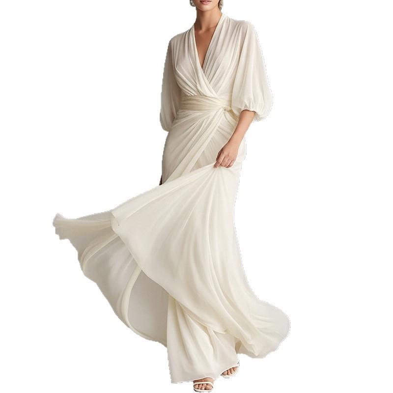 2026 Womens Elegant Loose Fit French Style Solid Color Long A-Line Dress V-Neck High Waist Casual Wear