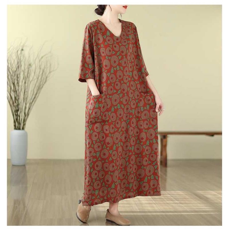 Literary Retro Vacation Style Enlarged Thin V-neck Long Skirt
