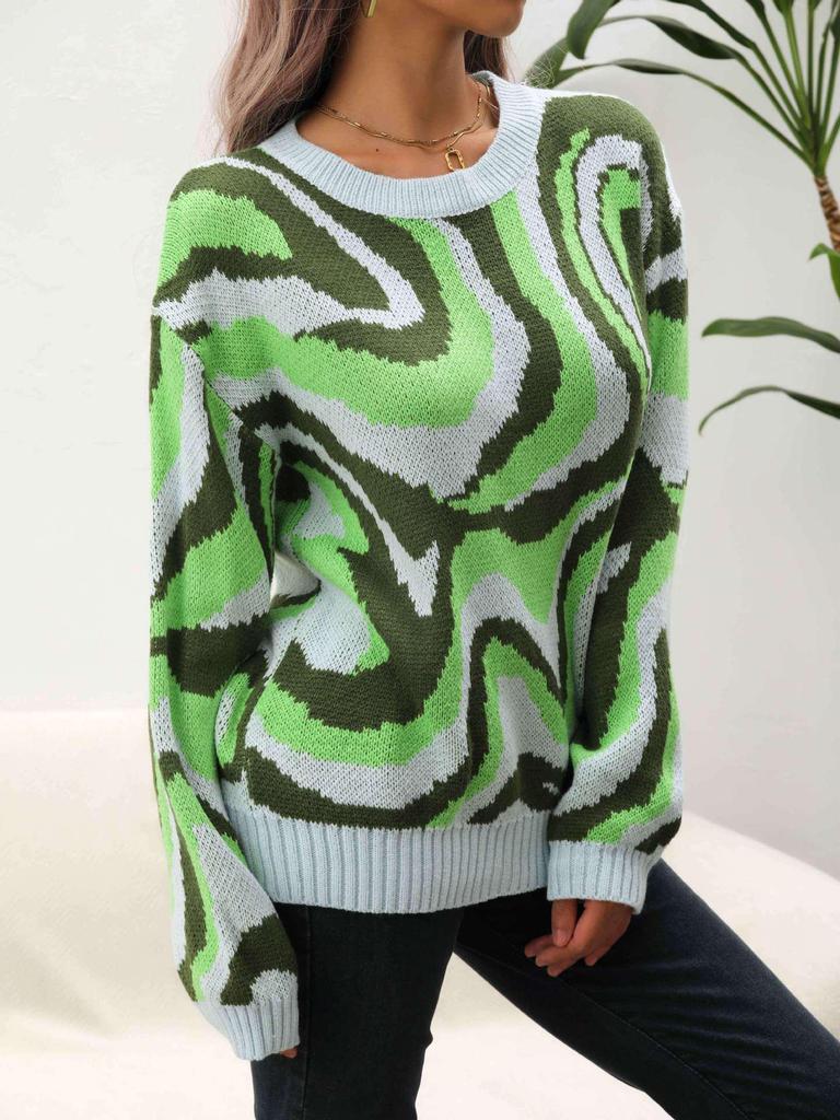 Headless Style Tie-Dye Jacquard Sweater: Loose Color Block Long Sleeve Knitwear for Women