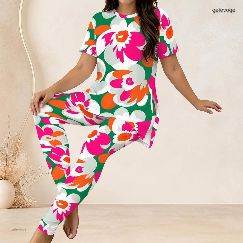 Women Plus Size Floral Printed Round Neck Short Sleeve Long Top And Fitted Pants Two Piece Set