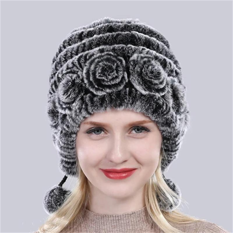Hot Sale Winter Women Flowers Striped Natural Real Rex Rabbit Fur Hats Lady Warm Knit Genuine Fur Caps