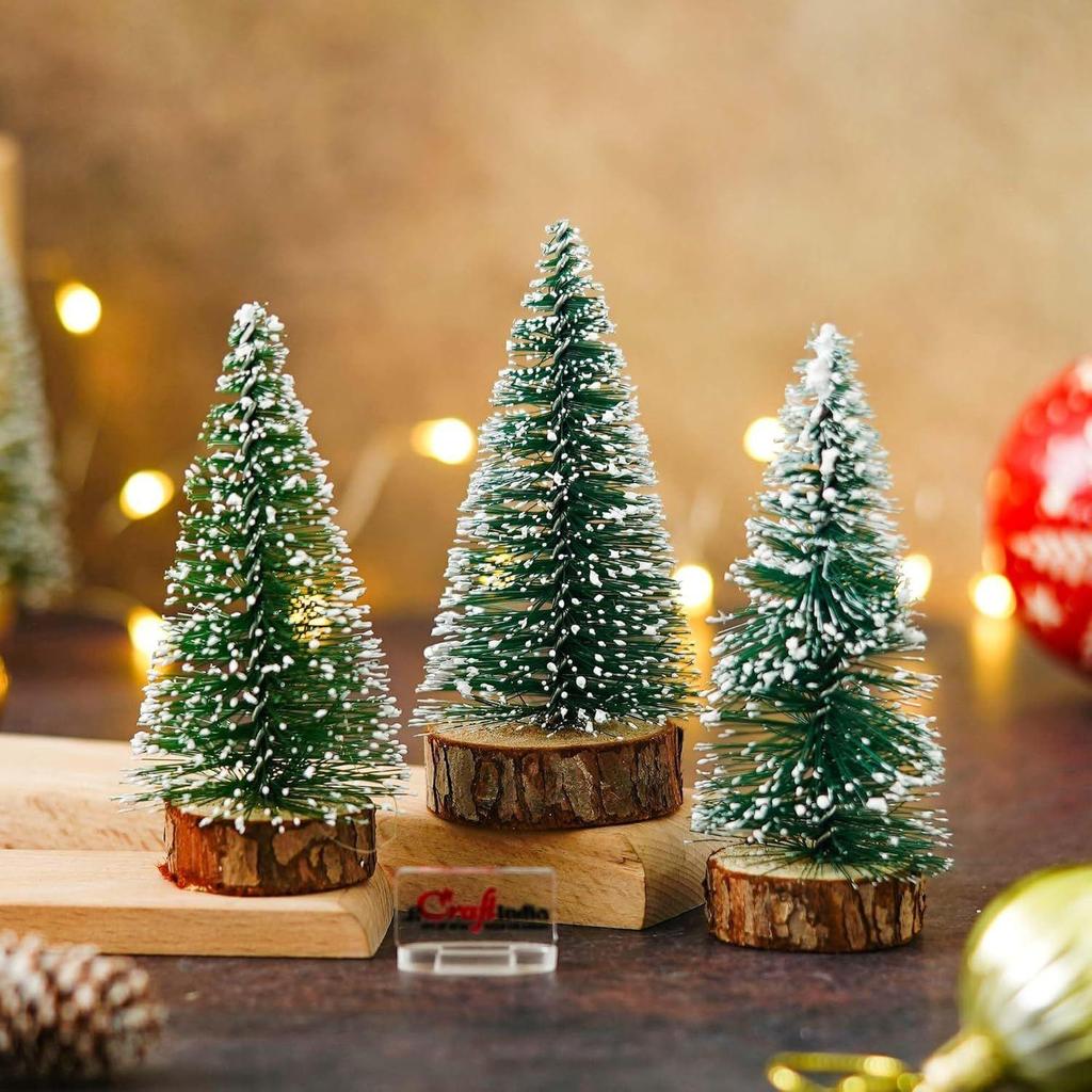 Green Frosted Bottle Brush Christmas Tree Wooden Base(Pack of 3) Small Christmas Tree for Table Home Office Church Decor|Merry Christmas Decorations