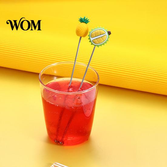 Cartoon Fruit Stirrer Cocktail Stir Stick, Stainless Steel Mixing with Durian Pineapple Strawberry Smooth Stick Watermelon Rubber Top Decor, Drink for