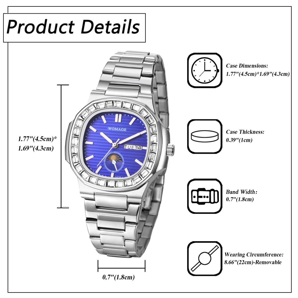 Stainless Steel Diamond Watch in Luminous Analogue Quartz Watch with Gold Perfect Gift for and Day Men's Silver Calendar, Waterproof, - Birthdays,