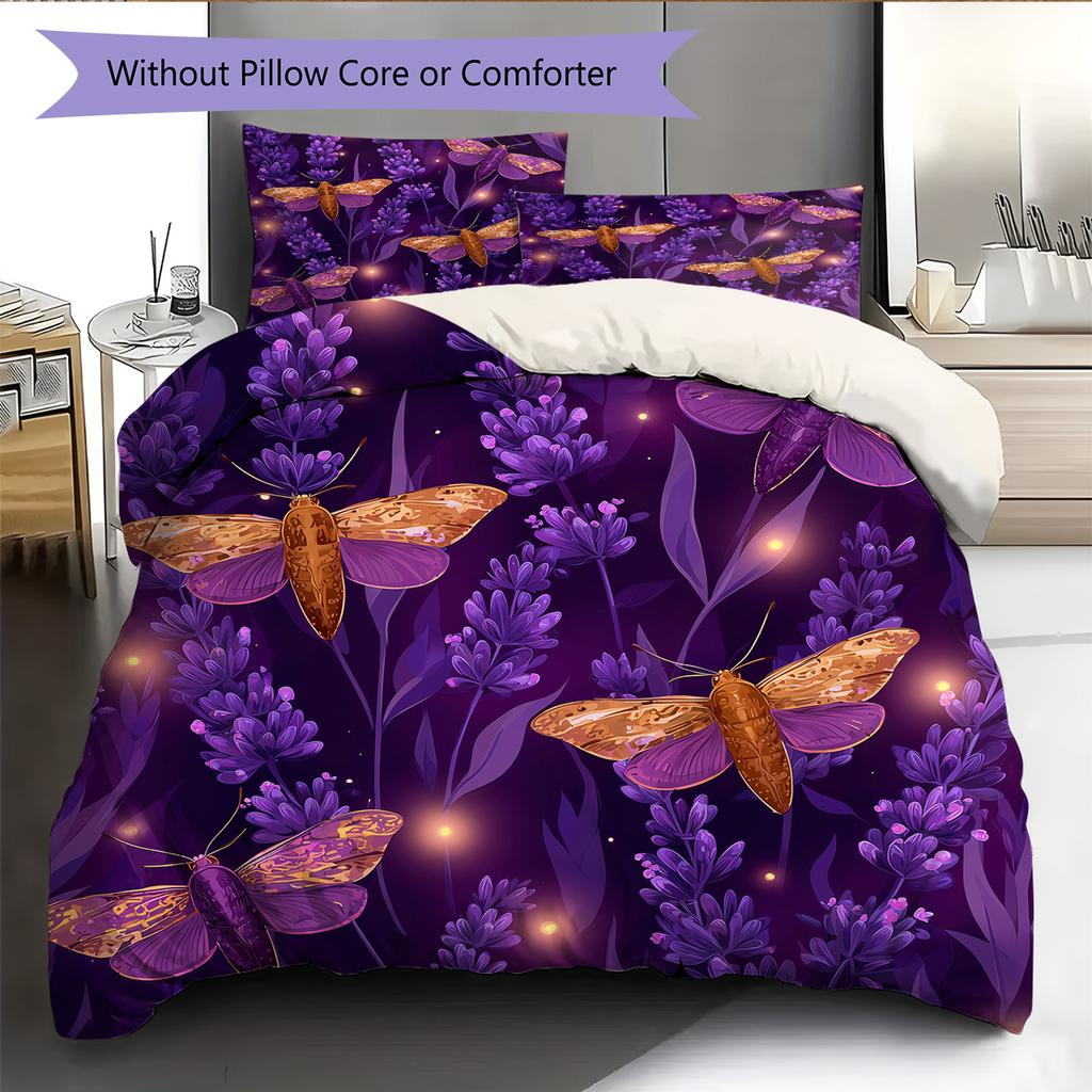 Fialový květ motýlí vzor Sada povlečení prošívaná přikrývka Povlak na přikrývku Povlak na polštář Domácí dekorace Dárek (1 * povlak na peřinu + 2 * povlak na polštář, bez jádra)