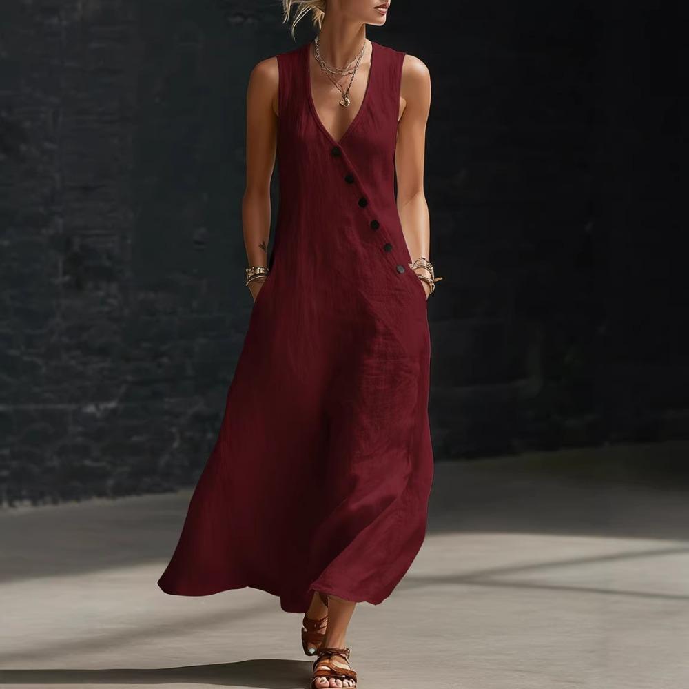 Frühling und Sommer TikTok Europäischer und Amerikanischer fauler Stil V-Ausschnitt Knöpfe Baumwolle und Leinen Langes Kleid Ärmelloses Weste Kleid Langes Kleid