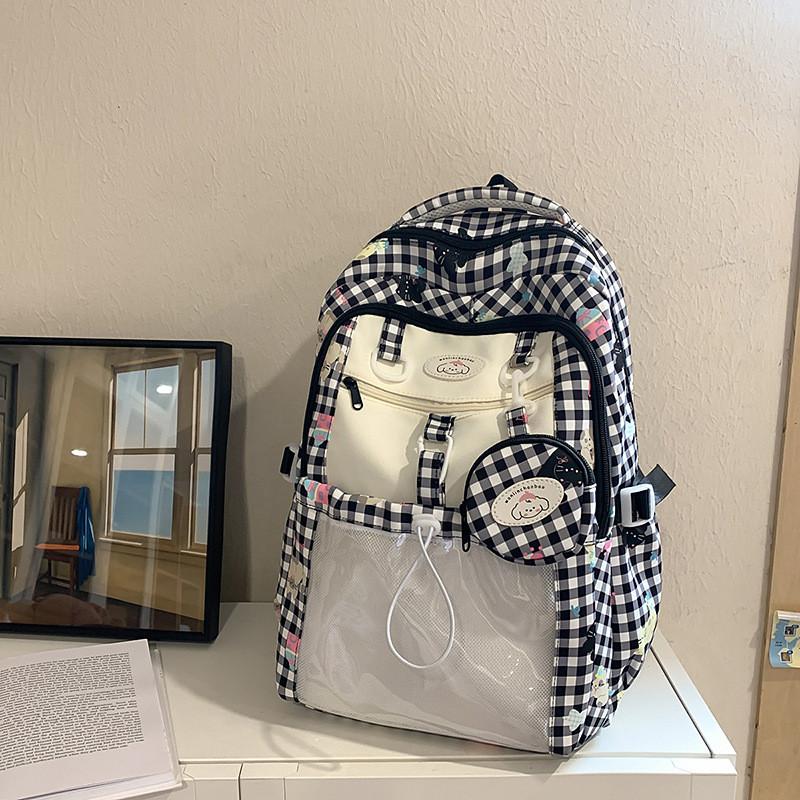 Capacity Large Backpack With Grid And Cartoon Dog Cat Print Design Daily For