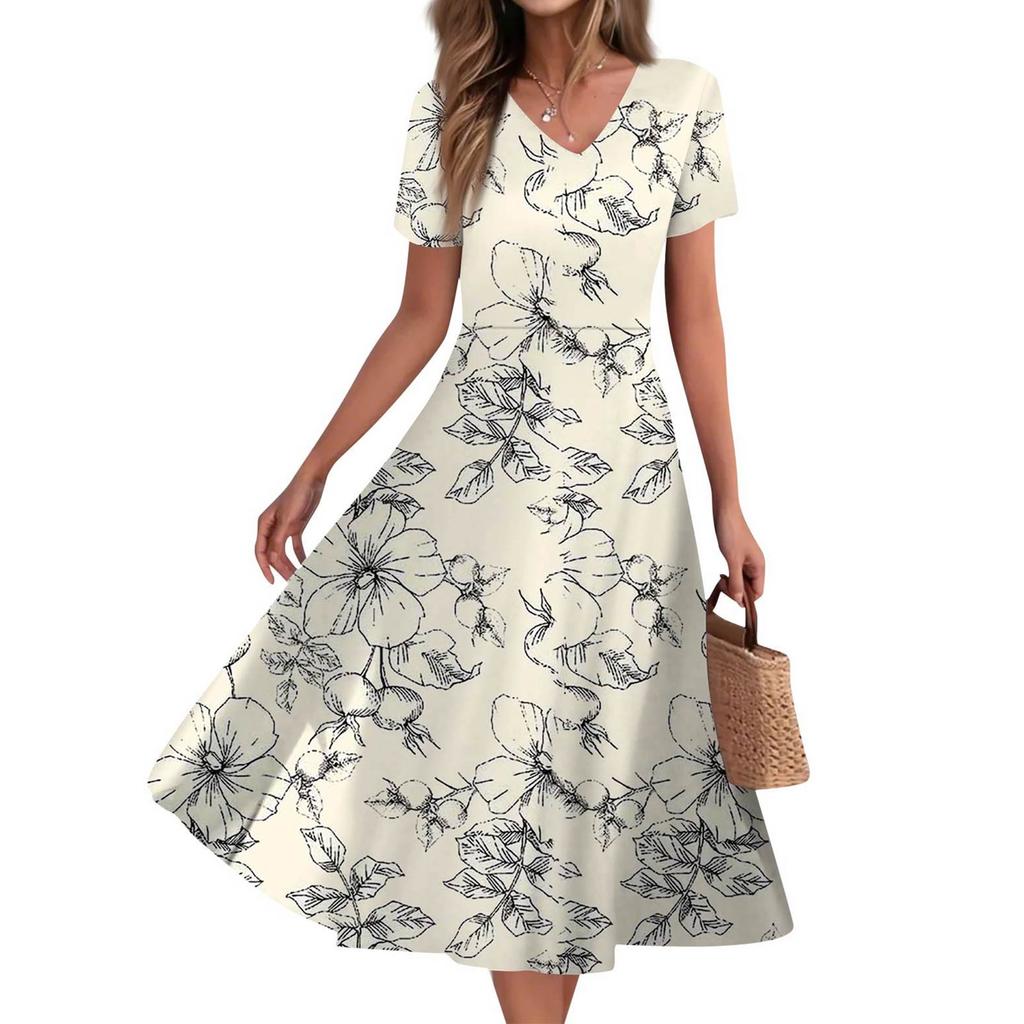 Women's Summer Casual Fashion Print Pocket Short Sleeve V-Neck Swing Dress