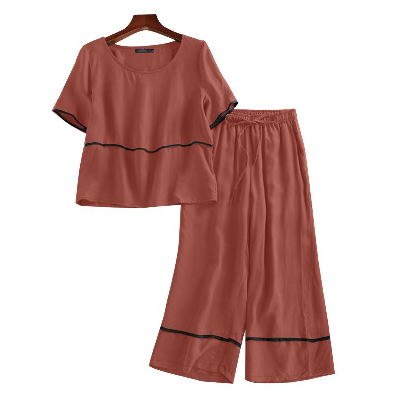 

ZANZEA Женская блузка с коротким рукавом и брюки Летние комплекты-двойки 5XL красный