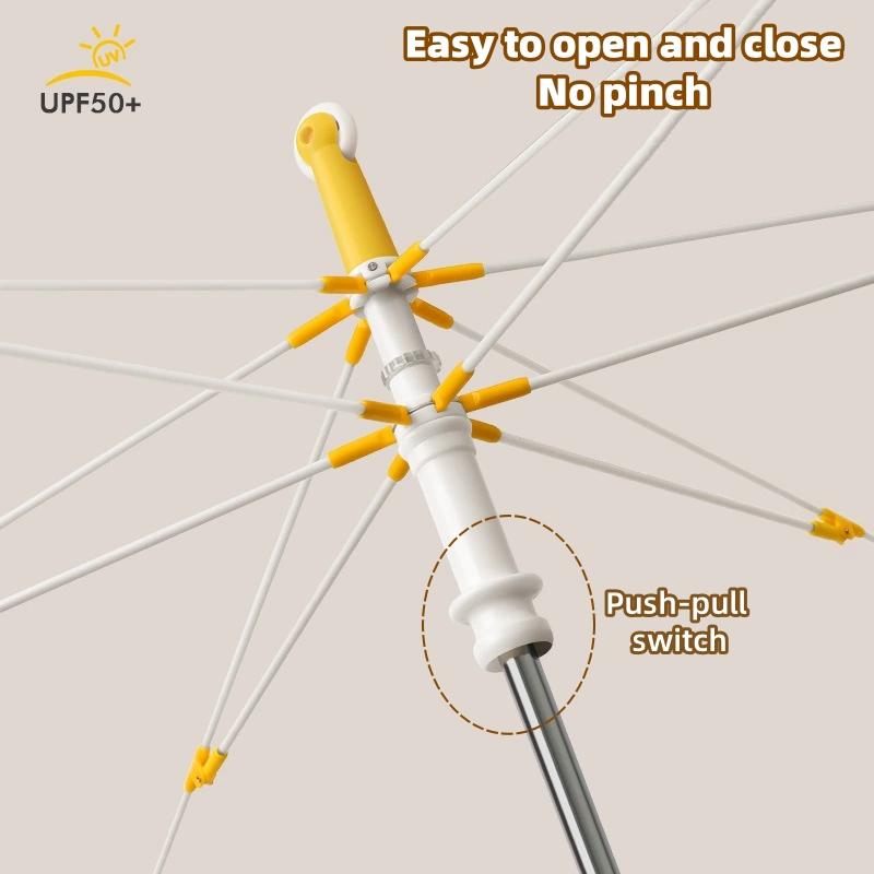 Safety Kids Umbrella With Reflective Strip Cute Rounded Corner Umbrellas With Funny Wheel UPF50+ Anti-UV Sun Rain Parasol