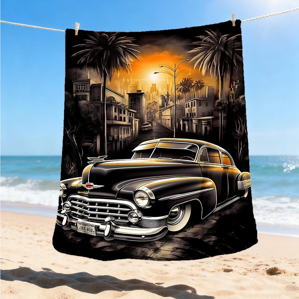 1pc Vintage Car Sunset Outdoor Flannel Blanket , Machine Washable Perfect Gift for Birthday , Holiday Travel Accessory , Durable Material
