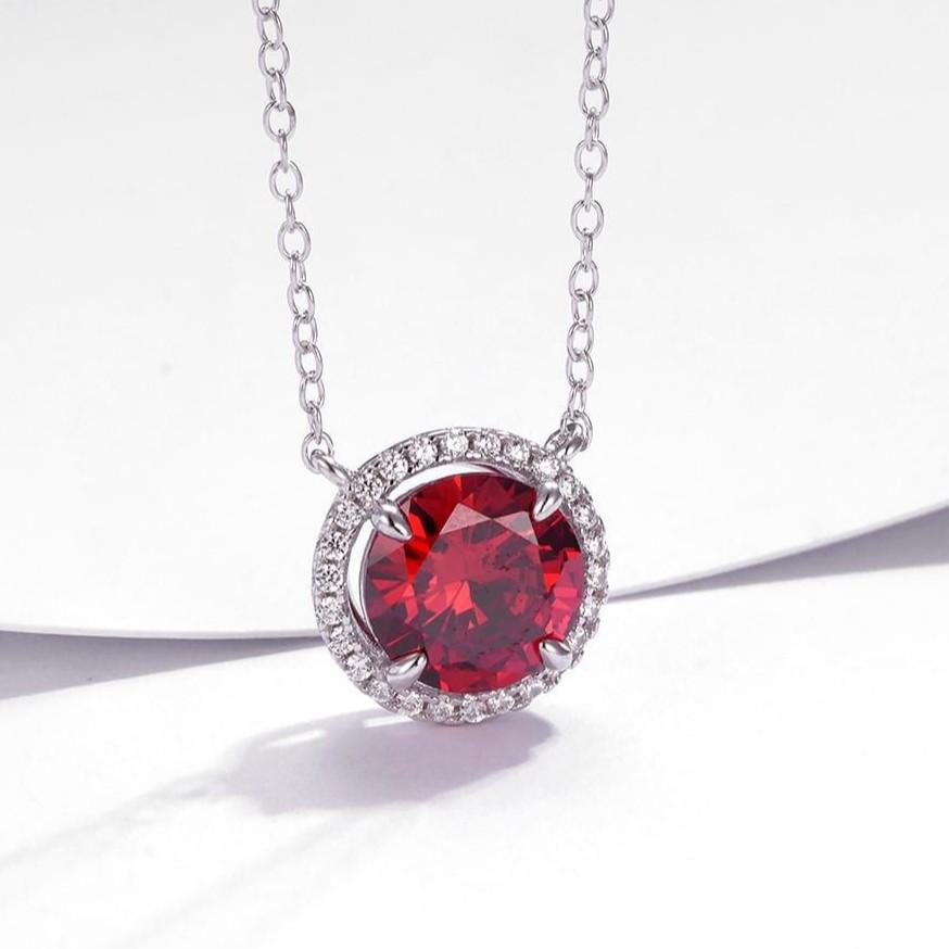 Zhou Hengfu S925 Silver Round Pendant Necklace with Pigeon Blood Red and Diamond Inlay